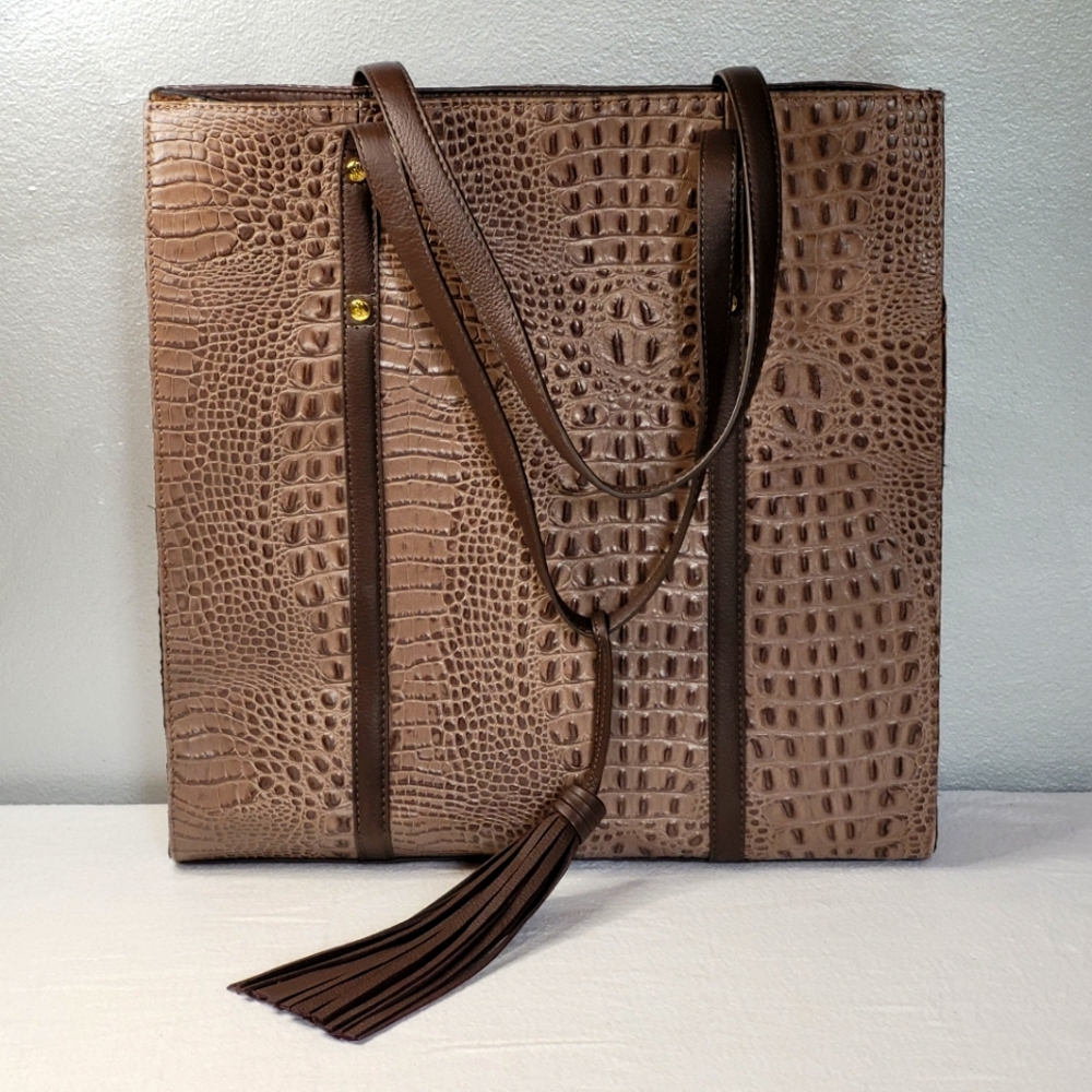 Chi by Carlos Falchi Large Tote Bag Brown Embossed Leather
